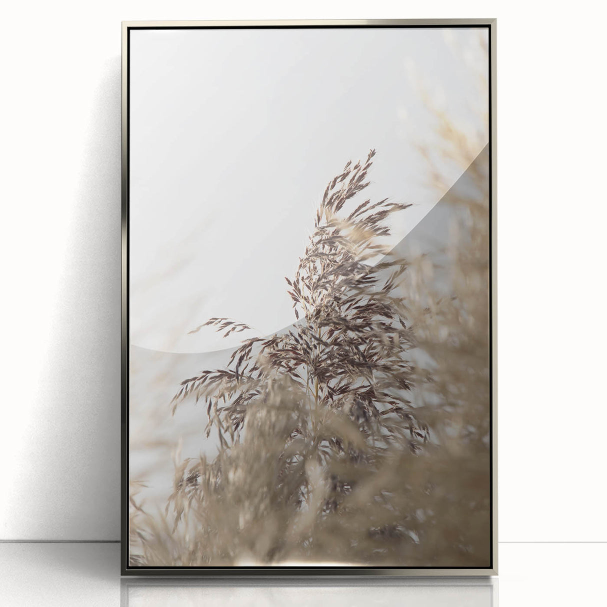 Mid-century modernist art featuring abstract summer motifs in warm orange and yellow tones on framed acrylic.