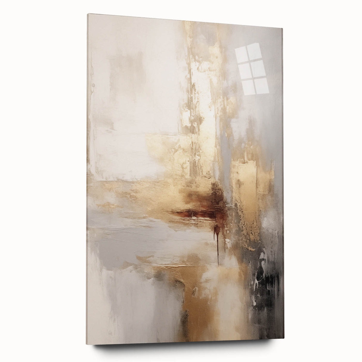 Large abstract wall art on acrylic glass depicting winter scene in muted blue and white tones.