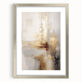 Textured art featuring abstract winter scene in muted blue and white tones on a framed silver mat.