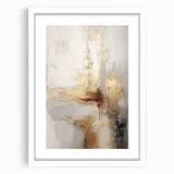 Abstract art print depicting a winter scene in muted blue and white tones, framed with a white mat.