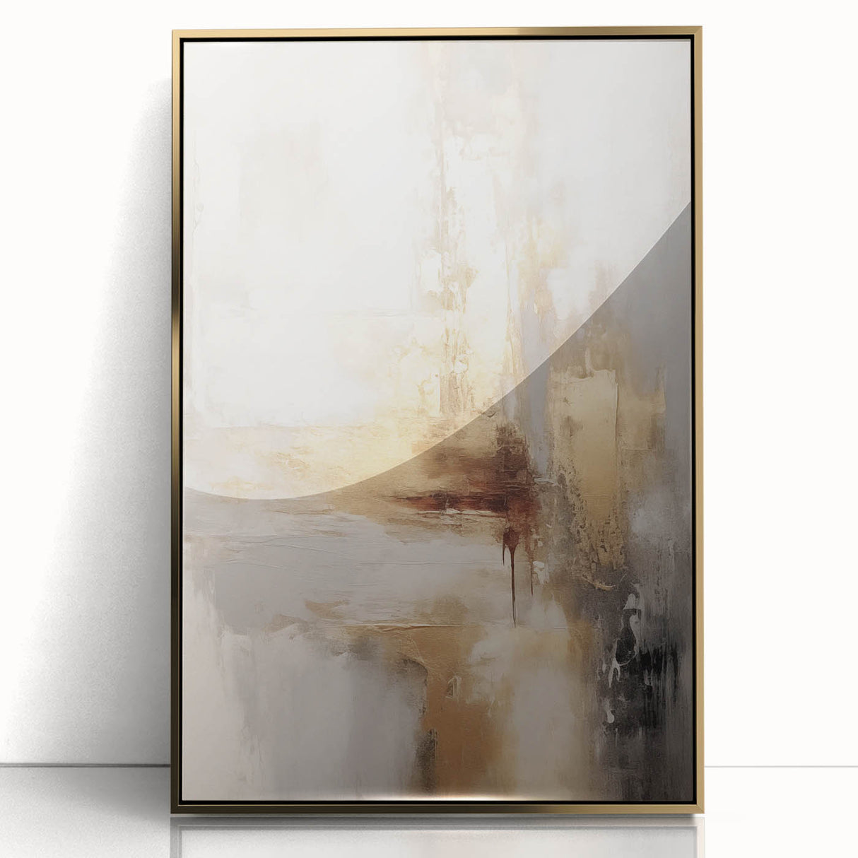 Framed acrylic print of a mid-century modernist winter scene in muted gold and white tones, ideal for modern art wall decor.