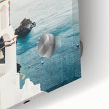 Large abstract wall art in vibrant orange and blue tones on acrylic glass.