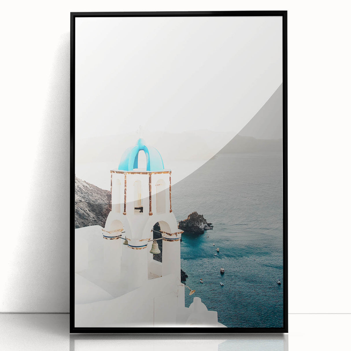Large abstract wall art in vibrant orange and blue tones on acrylic, framed in black, ideal for modern living room decor.