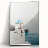 Mid-century modernist art deco poster featuring geometric shapes in soft pastel colors on a silver-framed acrylic.