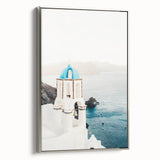 Landscape painting on framed canvas depicting a summer scene in muted greens and blues, ideal for living room decor.