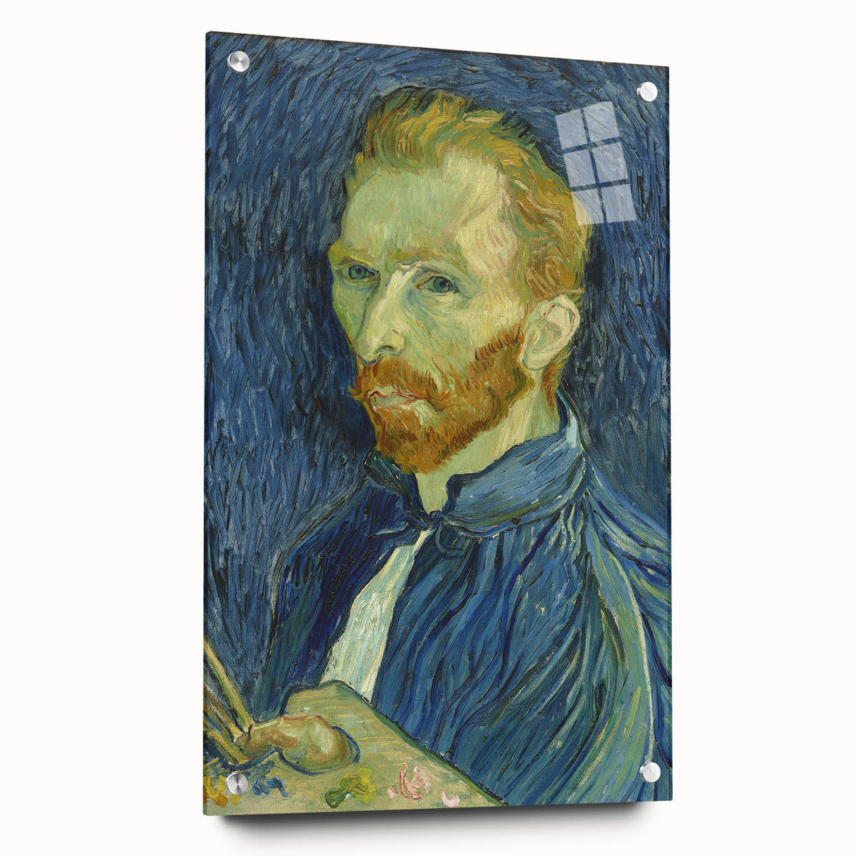 Acrylic print of a Van Gogh-inspired abstract painting in vibrant blue and yellow tones.