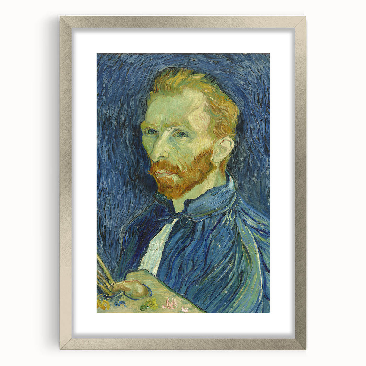 Extra large abstract art print with textured swirls in vibrant blues and yellows on a silver-framed canvas.