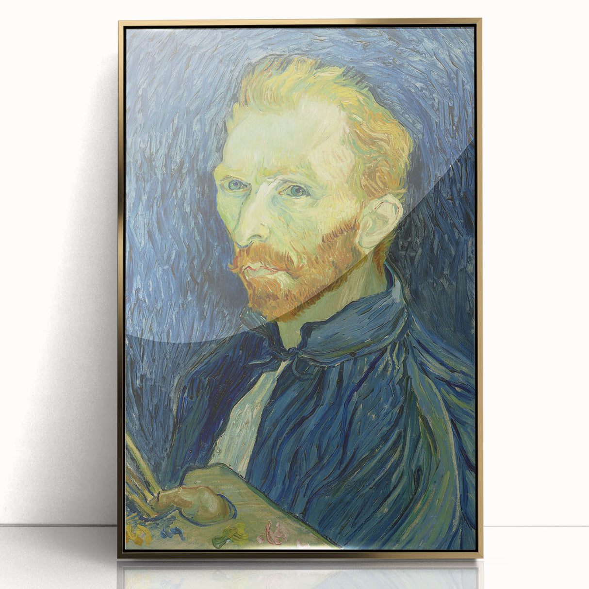 Acrylic print of Van Gogh-inspired art deco poster with gold frame, featuring vibrant colors.