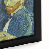 Close-up of a textured, extra large framed canvas depicting Van Gogh-inspired colorful art on a black background.