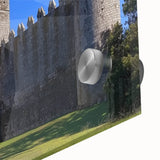 Close-up of a vibrant acrylic glass artwork depicting a majestic landscape with a castle, showcasing intricate details and vivid colors, perfect for home decor.