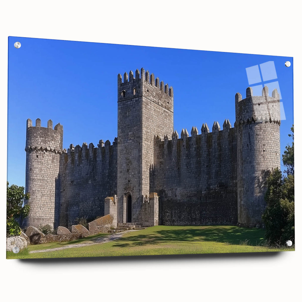 Acrylic glass artwork showcasing a stunning landscape with a castle, displayed in a side view that highlights its vivid colors and intricate details, perfect for home decor enthusiasts.