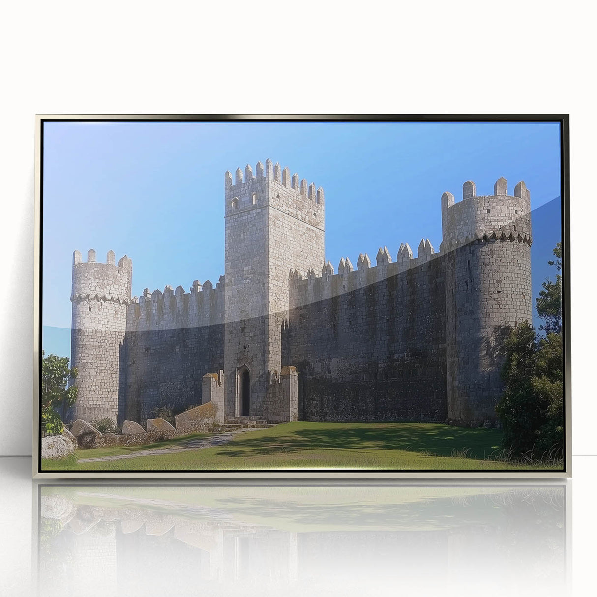 Framed acrylic artwork depicting a scenic landscape with a majestic castle, featuring intricate details and vibrant colors set against a silver frame. Ideal for home décor.