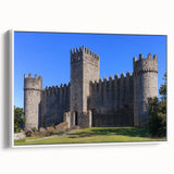 Framed canvas art depicting a serene landscape with a majestic castle, set against a vibrant sunset, featuring a white frame, ideal for enhancing home decor.