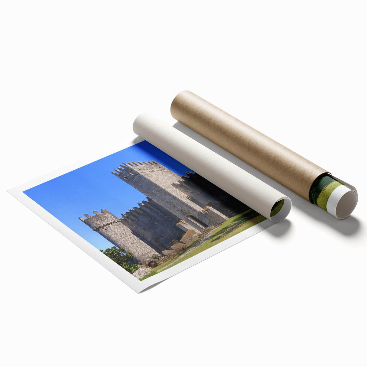 Beautiful landscape artwork depicting a serene castle surrounded by lush greenery, printed on high-quality rolled canvas, ideal for home decor enthusiasts.