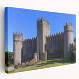 Stretched canvas artwork depicting a serene landscape featuring a majestic castle surrounded by lush greenery and a tranquil lake, highlighting vibrant colors and intricate details.