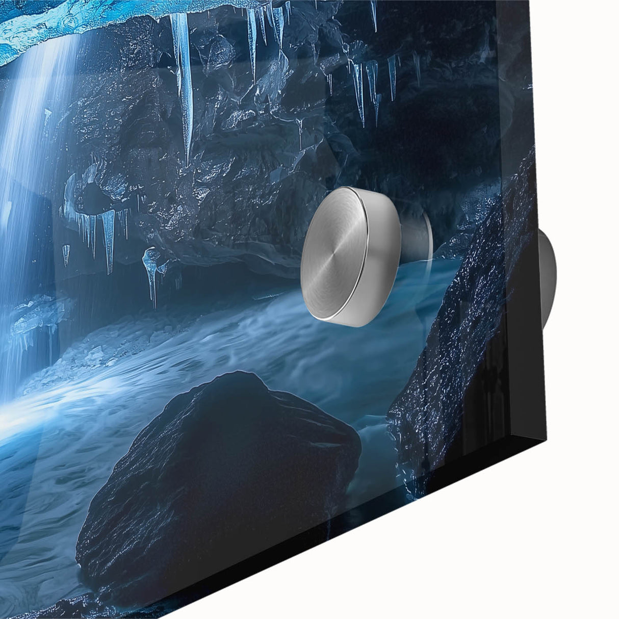 Close-up view of an intricate acrylic glass artwork showcasing vibrant landscape and cave themes, emphasizing rich colors and fine details for modern home decor.
