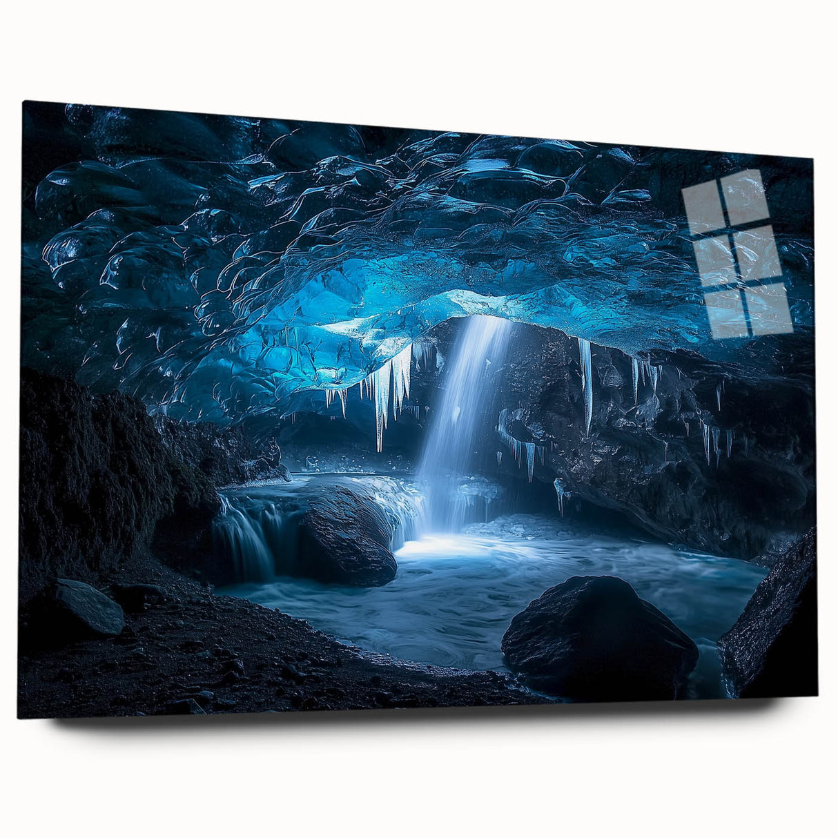Acrylic glass artwork showcasing vibrant landscapes and caves in a side view, emphasizing intricate details and textures suitable for modern decor.