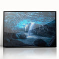 Framed acrylic artwork depicting a stylized landscape with caves, featuring a sleek black frame. Ideal for modern home decor, this piece adds depth and intrigue to any room.