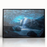 Framed acrylic artwork depicting a stylized landscape with caves, featuring a sleek black frame. Ideal for modern home decor, this piece adds depth and intrigue to any room.