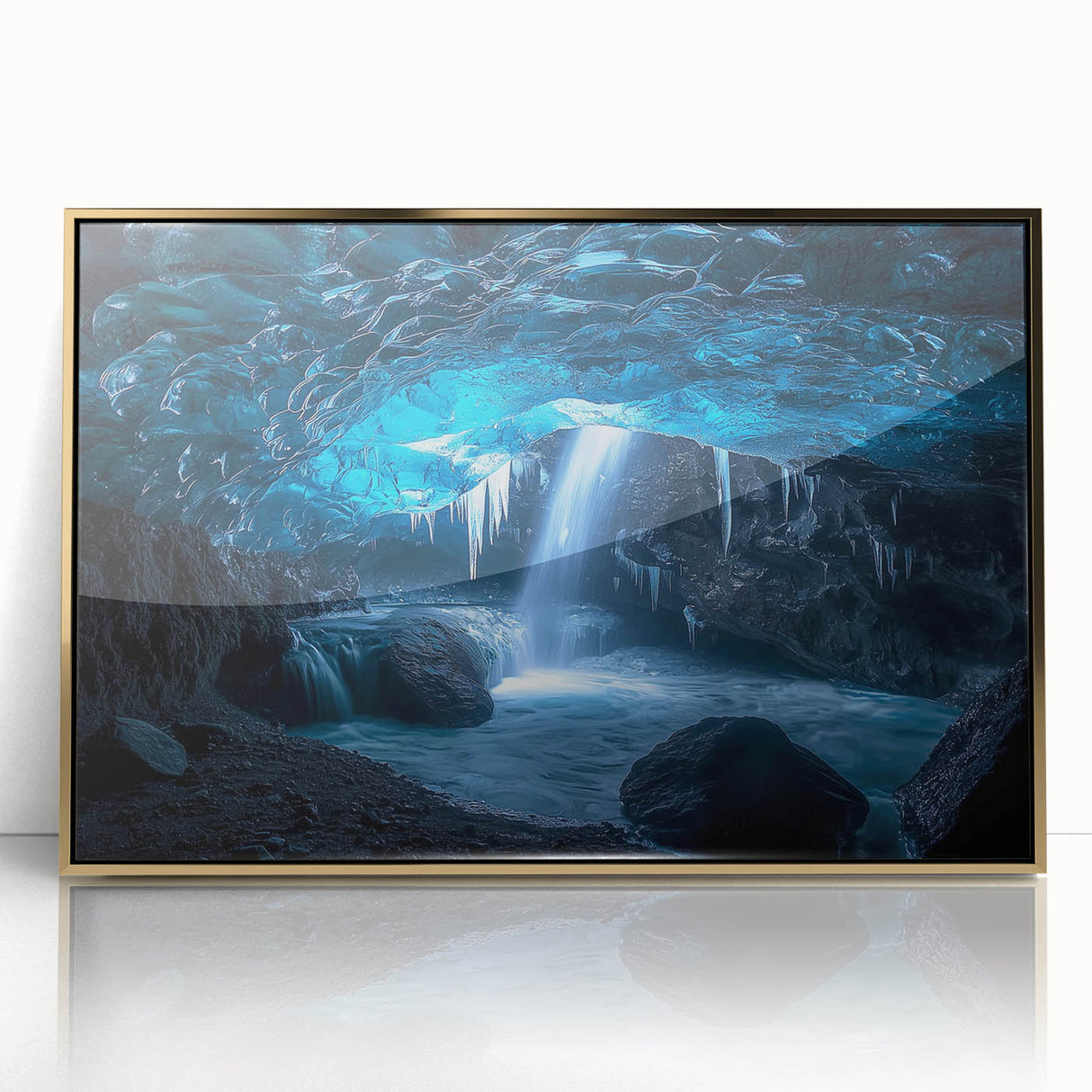 Framed acrylic artwork depicting a stunning landscape featuring intricate cave formations and golden accents, ideal for enhancing modern home decor.
