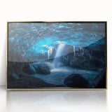 Framed acrylic artwork depicting a stunning landscape featuring intricate cave formations and golden accents, ideal for enhancing modern home decor.