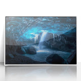 Framed acrylic artwork depicting a vibrant landscape with caves, featuring a white border for a modern touch, ideal for home decor and art enthusiasts.