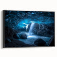 Framed canvas artwork depicting a stunning cave landscape design, featuring rich earthy tones and intricate details, showcased from a black side view perspective.