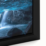 Close-up of a framed canvas depicting a vibrant landscape scene featuring intricate cave formations, rich earthy tones, and detailed textures, ideal for enhancing home decor.