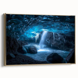 Framed canvas artwork showcasing a stunning landscape with cave formations, highlighted by a gold frame, ideal for modern home decor and art enthusiasts.