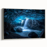 Framed canvas artwork depicting a serene landscape with caves, presented in a sleek silver frame, ideal for enhancing modern home décor and art collections.