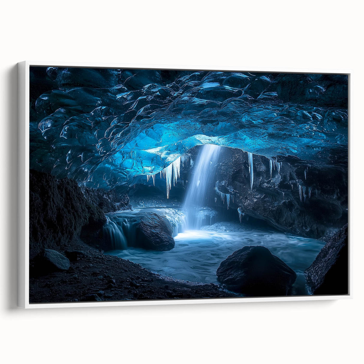Framed canvas artwork showcasing a stunning landscape of caves, featuring rich earth tones and intricate details. The piece is elegantly displayed with a white frame, enhancing its visual appeal for contemporary decor. Perfect for adding a serene touch to living spaces.