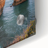 Close-up of a vibrant acrylic landscape artwork depicting dramatic cliffs with rich colors and textures, ideal for enhancing modern home decor.