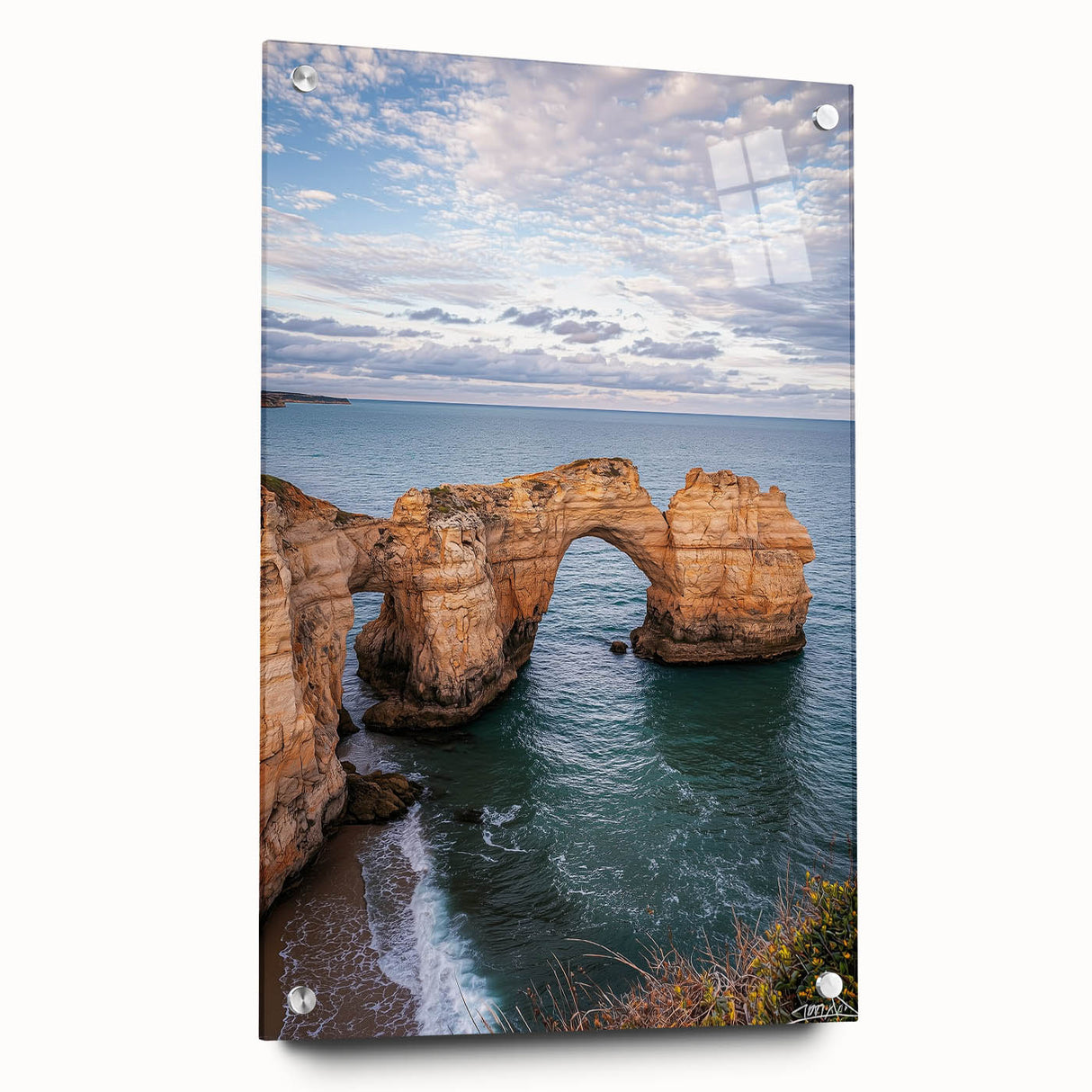 Acrylic glass artwork showcasing a stunning cliff landscape, featuring vibrant colors and intricate details, displayed in a side view with stylish pins. Perfect for enhancing any contemporary decor.