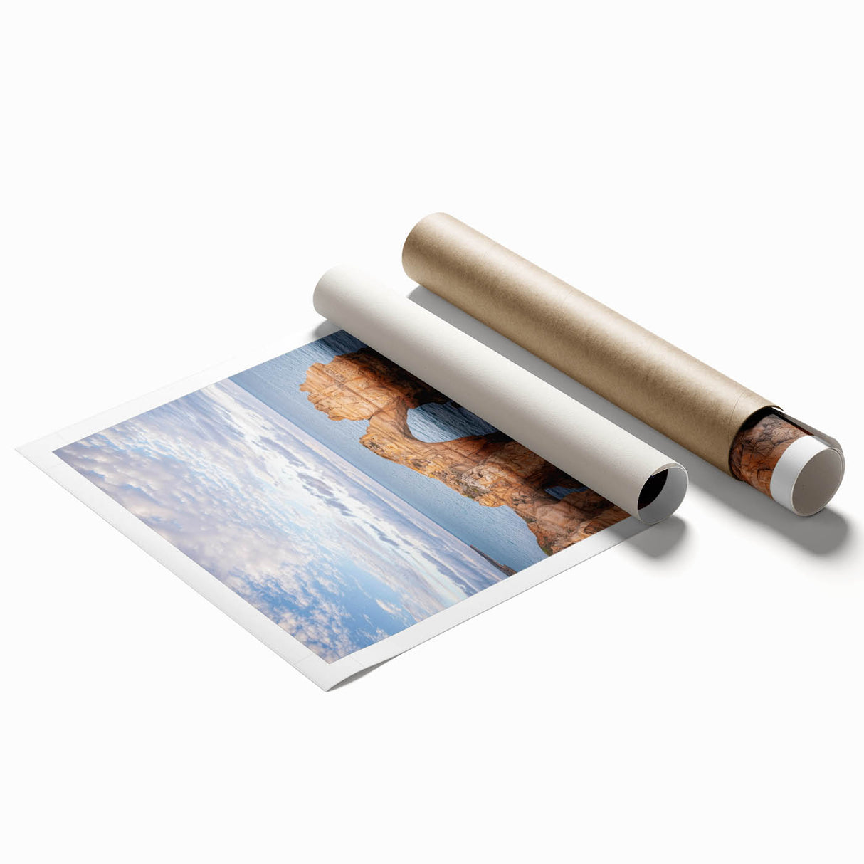 Stunning rolled print of rugged cliffs overlooking a serene landscape, showcasing vibrant colors and intricate details, perfect for home decor or art enthusiasts.