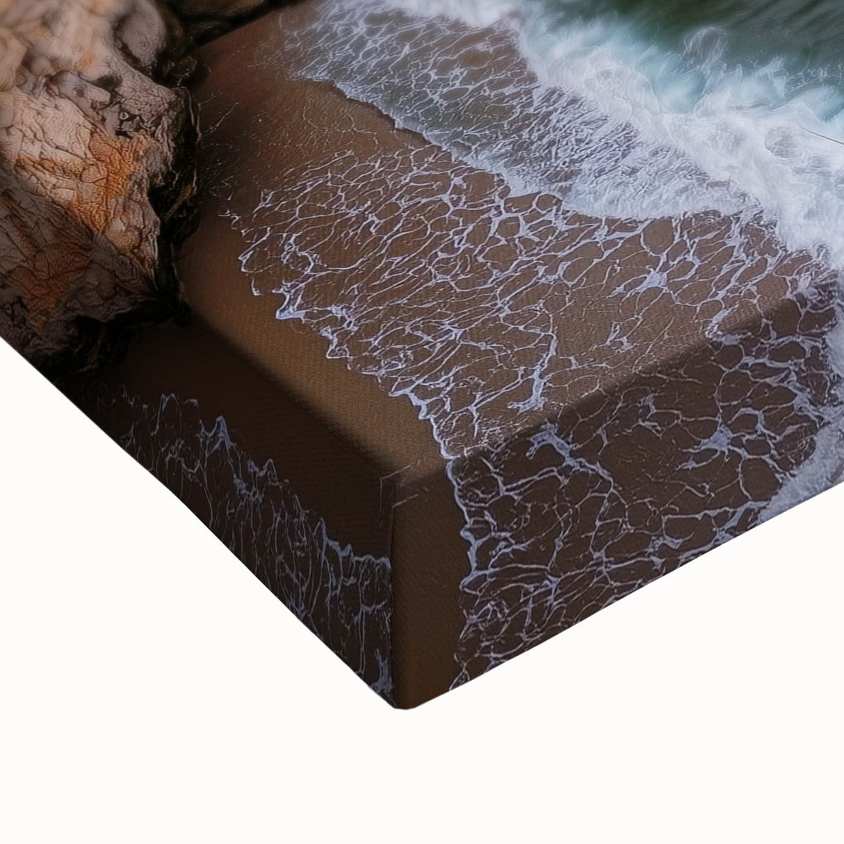 Close-up of a vibrant stretched canvas artwork depicting dramatic cliffs and landscapes, showcasing intricate details and rich colors, perfect for home decor.