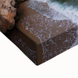 Close-up of a vibrant stretched canvas artwork depicting dramatic cliffs and landscapes, showcasing intricate details and rich colors, perfect for home decor.