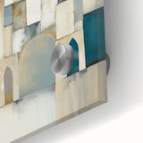 Close-up of abstract architectural wall art design printed on acrylic glass, showcasing vibrant colors and intricate geometric patterns ideal for modern decor.