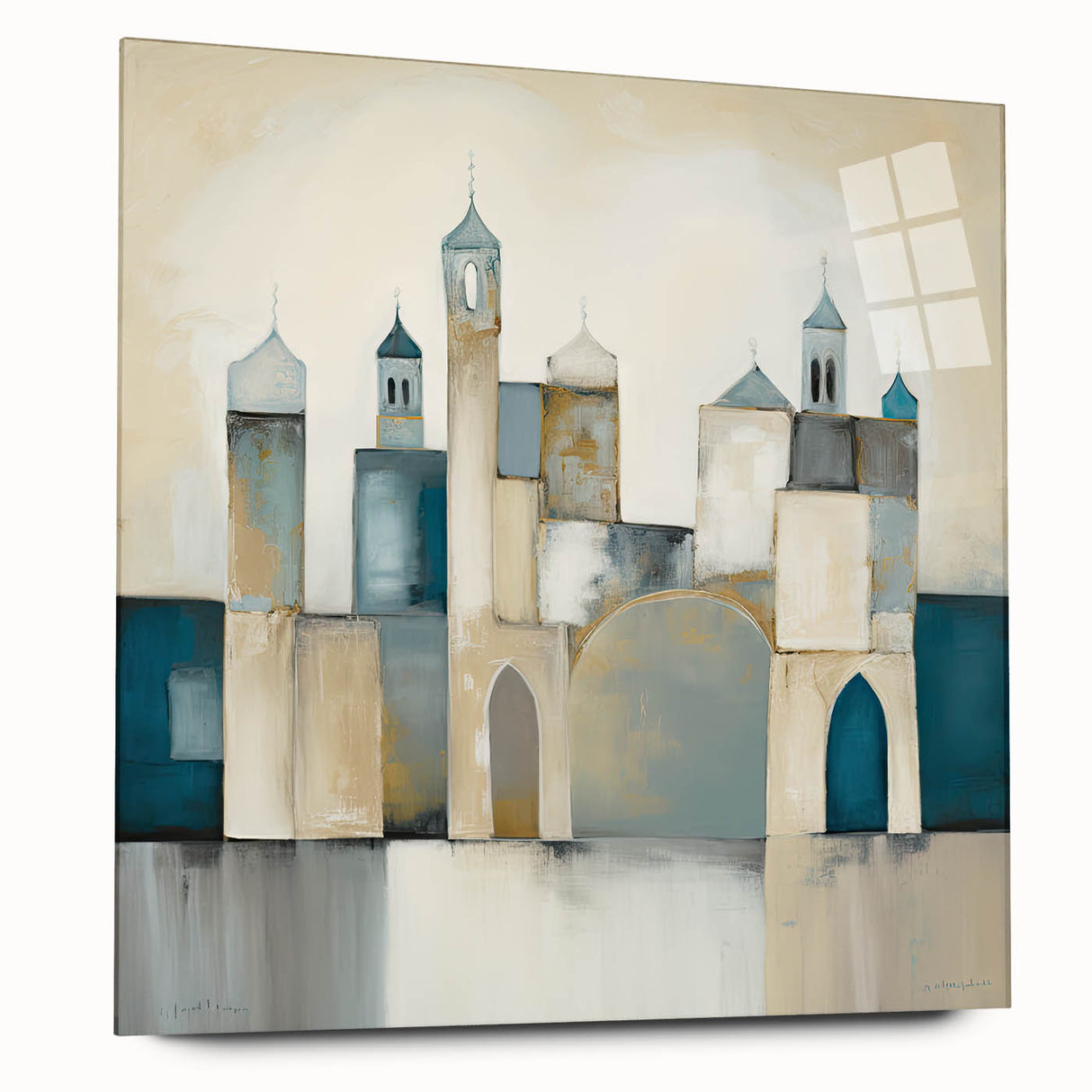 Abstract wall art featuring a geometric architectural design printed on acrylic glass, showcasing a sleek side view with vibrant colors and modern aesthetics, ideal for contemporary home decor.