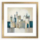 Abstract architecture wall art framed with a gold mat, showcasing geometric shapes in neutral tones, perfect for modern home decor or office spaces.