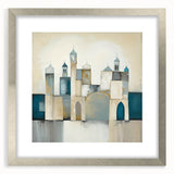 Abstract architectural wall art framed in silver, showcasing intricate geometric patterns and a modern aesthetic, ideal for contemporary home decor.