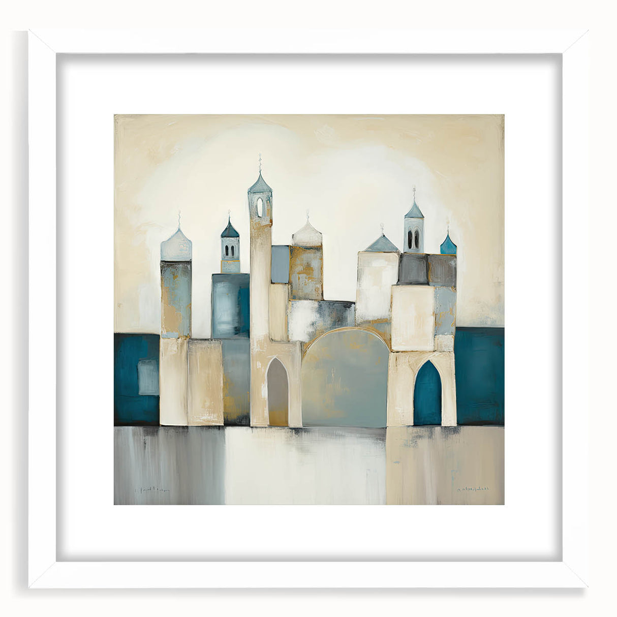Abstract architectural wall art framed in white, showcasing geometric designs with a modern aesthetic, ideal for contemporary home decor.