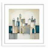 Abstract architectural wall art framed in white, showcasing geometric designs with a modern aesthetic, ideal for contemporary home decor.