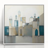 Framed abstract architecture wall art in a sleek white frame, showcasing geometric shapes and vibrant colors, ideal for modern home decor.