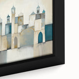 Close-up of a framed abstract architecture wall art piece, showcasing intricate geometric patterns and vibrant colors, perfect for modern interior decor.