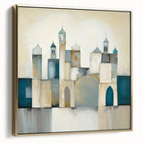Abstract architectural wall art featuring a silver and gold color palette, elegantly framed, showcasing modern design elements perfect for contemporary decor.
