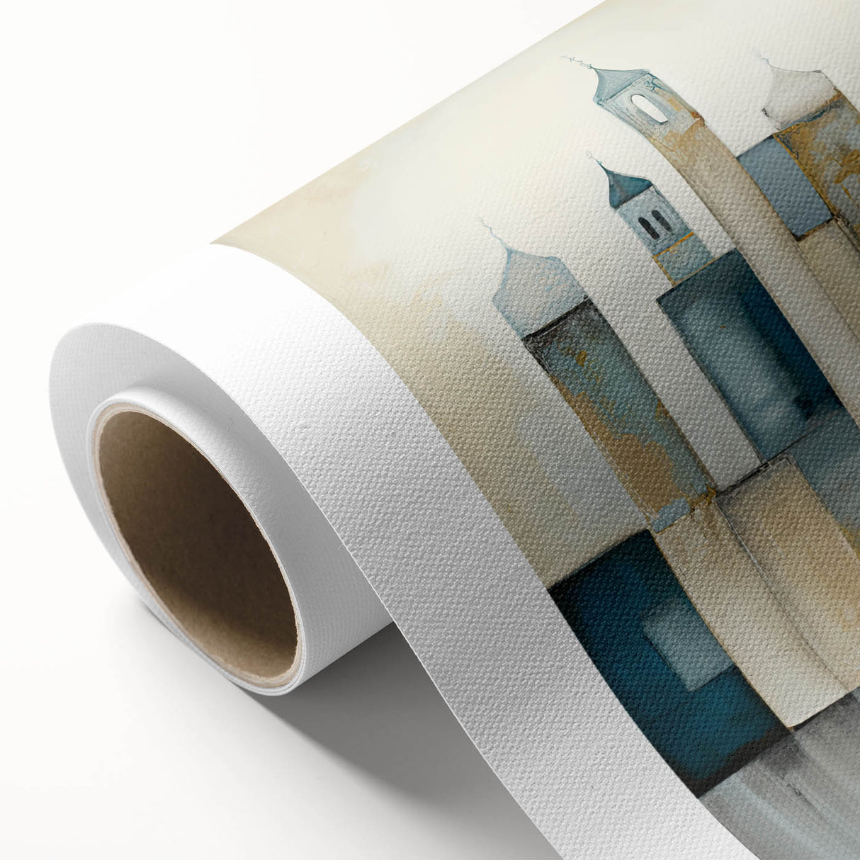 Abstract architectural wall art on rolled canvas, showcasing dynamic geometric shapes in a blend of blue, gold, and white colors, perfect for modern decor.