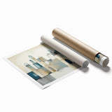 Abstract architectural wall art print showcasing vibrant colors and geometric shapes, rolled and ready for framing, packaged securely in a cardboard tube.