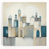 Abstract wall art canvas depicting modern architectural forms in vibrant colors, showcasing geometric shapes and dynamic lines, perfect for contemporary decor.