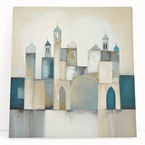 Abstract architectural wall art canvas featuring geometric shapes and earthy tones, elegantly leaning against a minimalist wall, perfect for modern home decor.