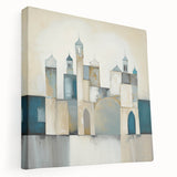Abstract architectural wall art on stretched canvas, showcasing geometric shapes in muted colors, ideal for modern decor and artistic interior design.